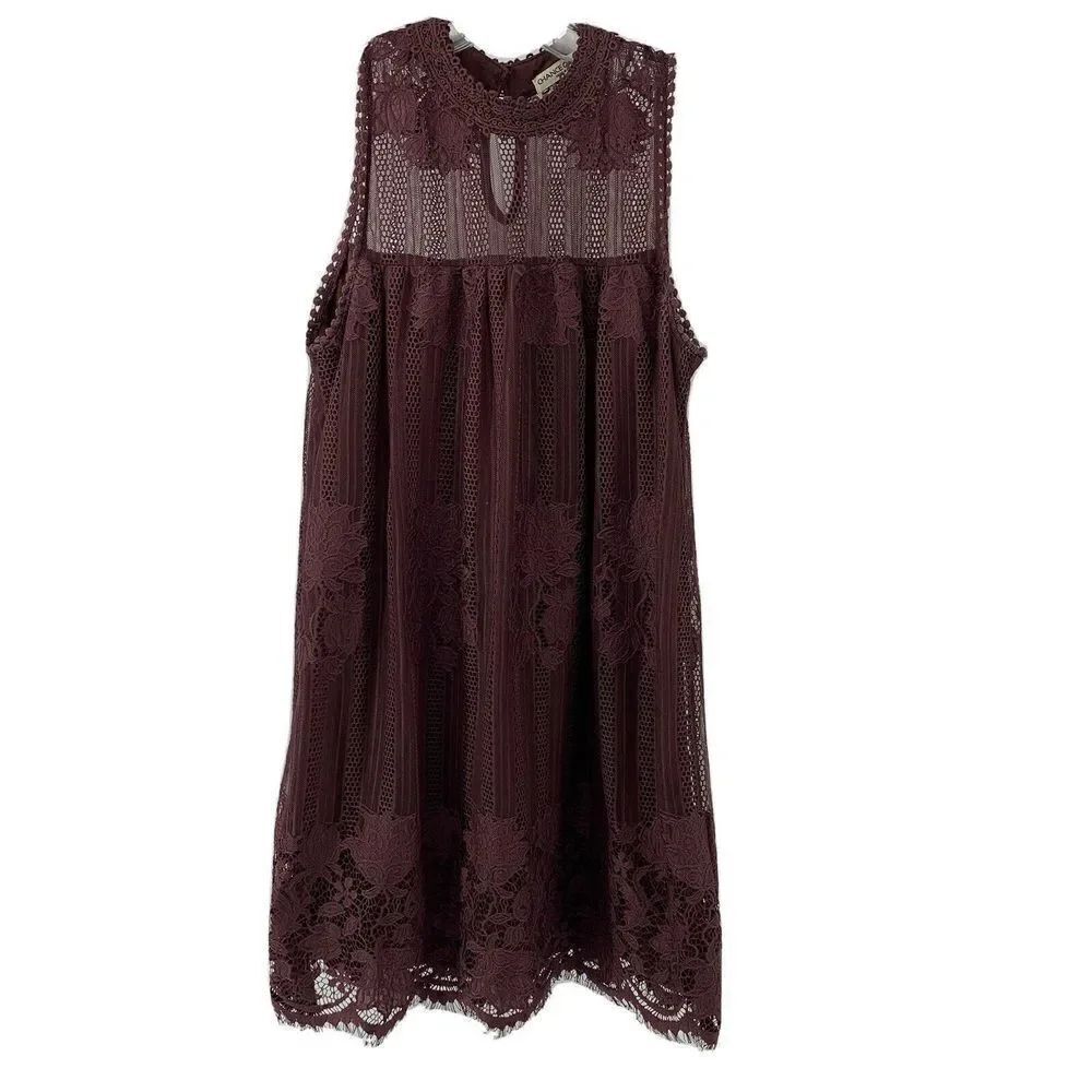 Wine Red High Neck Lace Overlay Scalloped Dress S